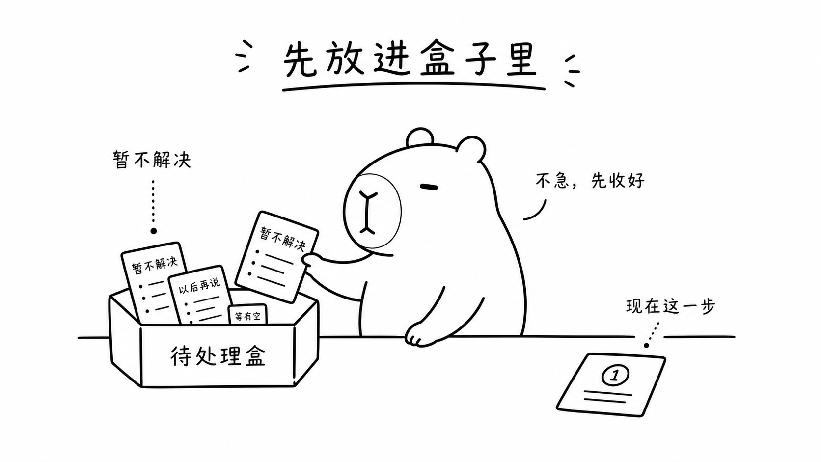 卡皮巴拉黑白线稿观点图：有些事情先放进盒子里
